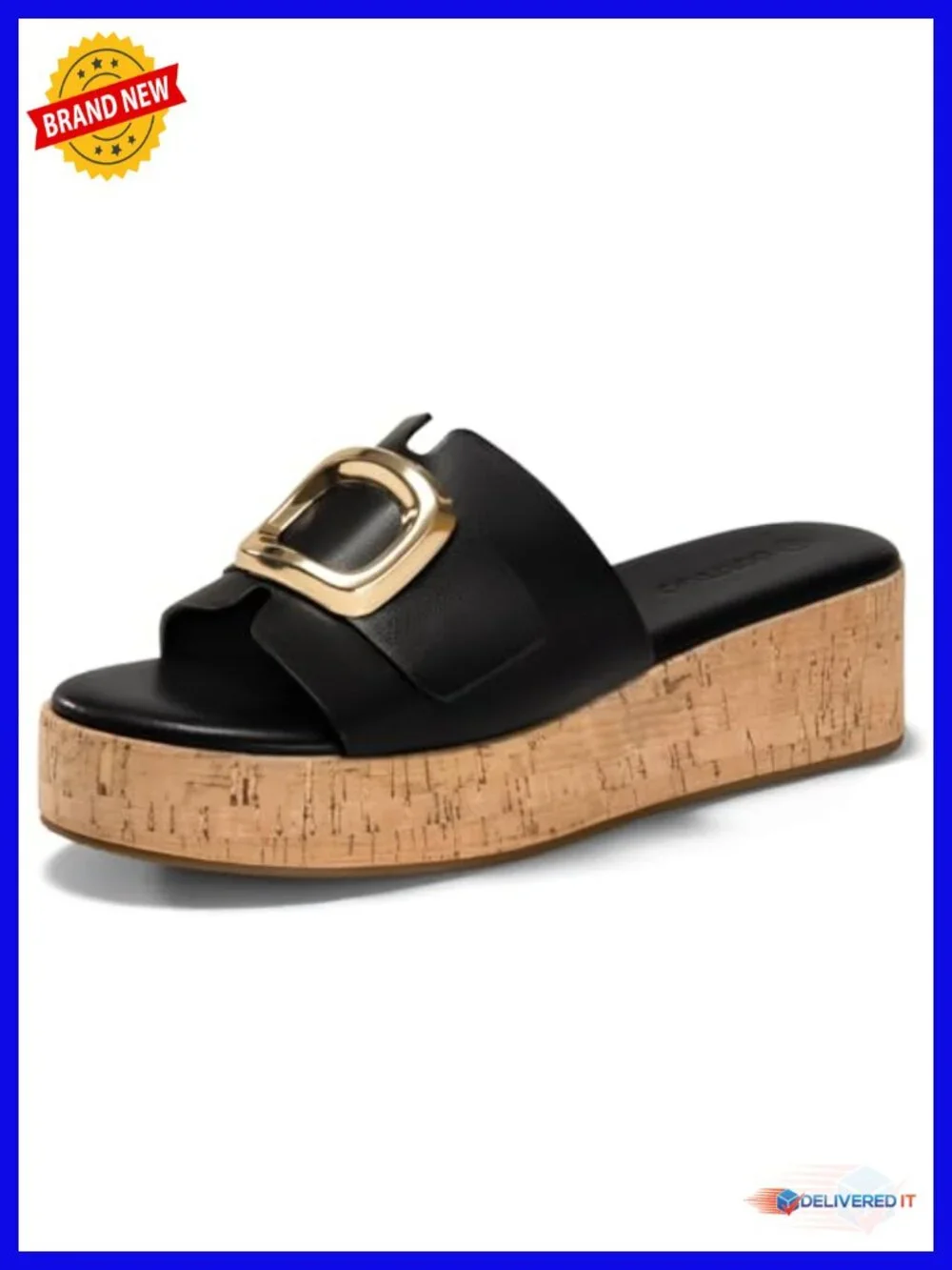Faux Leather Platform Slides with Buckle Ornament